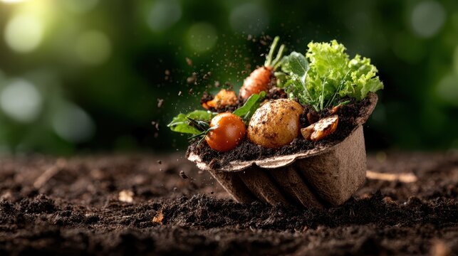 An array of organic vegetables spills out of a biodegradable container into rich soil, symbolizing the connection between nature and healthy eating.