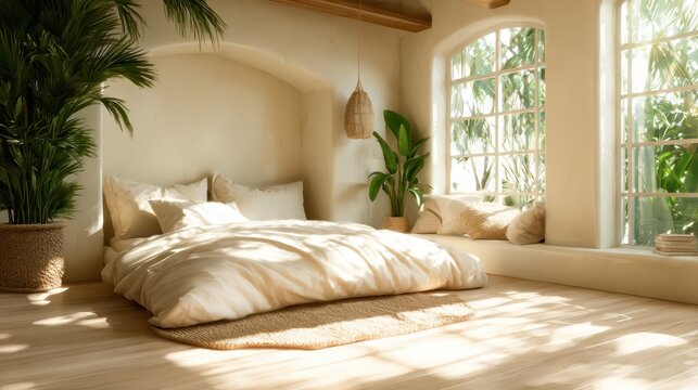 A bright and serene minimalist bedroom featuring soft bedding and abundant natural light, creating a peaceful retreat that emphasizes comfort, relaxation, and harmonious living.
