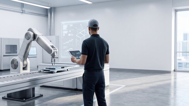 Male technician operating robotic arm in modern factory smart manufacturing industry 40 automation technology production line engineering maintenance worker holding digital tablet