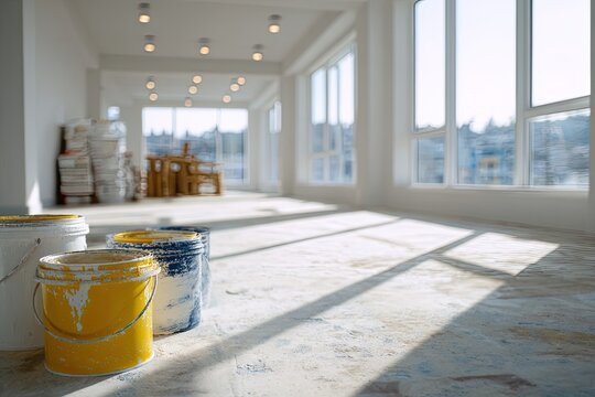 Interior Renovation Project with Paint Cans and Natural Light.