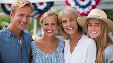 Fototapeta premium Patriotic family portrait in front of an American flag display at a community Memorial Day event, national community concept, with copy space
