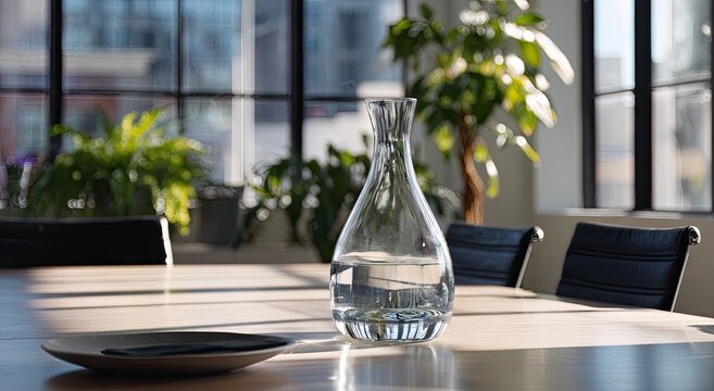 Clear Water Carafe on Conference Table with Plants and Chairs.