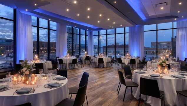 Elegant Ballroom Event Space with City Views at Dusk.