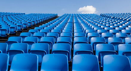 Fototapeta premium Rows of empty blue stadium seats in large sports arena under clear sky