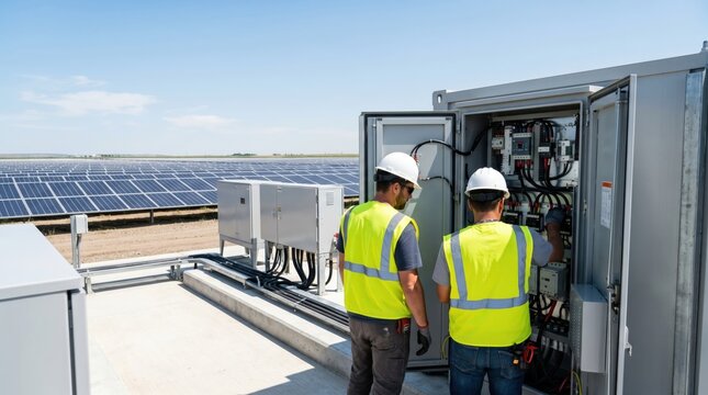 Male electricians and workers wearing safety helmet inspecting solar panels checking electrical control box at renewable energy station for power generation maintenance