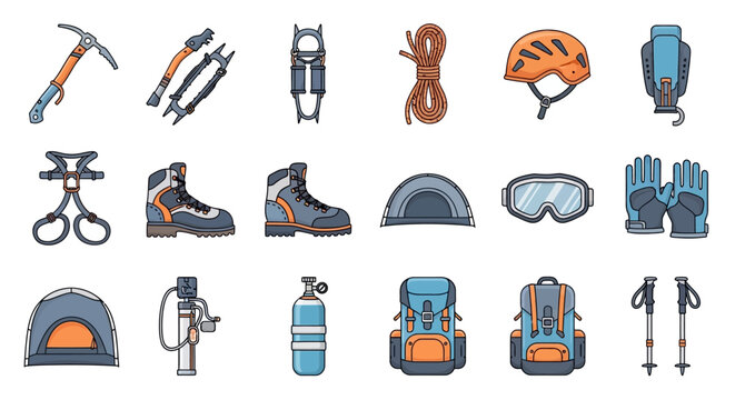 Collection of Mountaineering and Hiking Equipment Icons