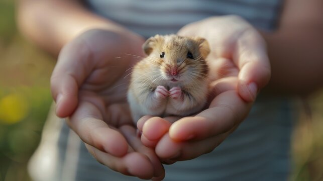 Cute fluffy hamster in your arms. A rodent with thick cheeks. The concept of pet care, the love of animals.