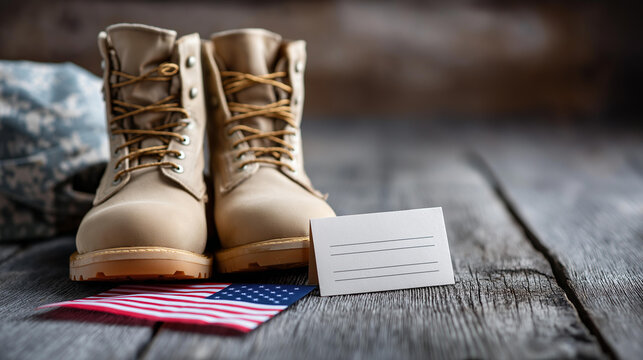 American flag and military boots on a wooden surface with a folded note, personal tribute and remembrance concept, Memorial Day photography, with copy space