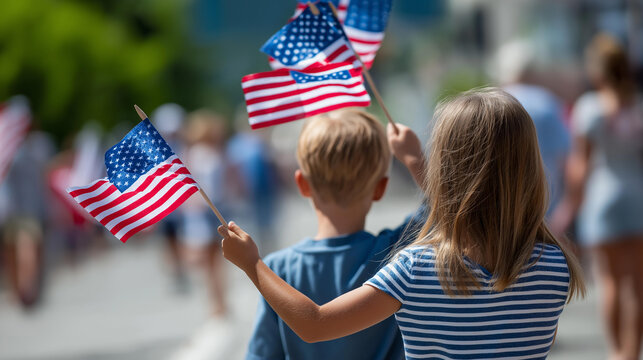 Children waving small American flags at a Memorial Day parade on a city street, patriotic community celebration concept, with copy space