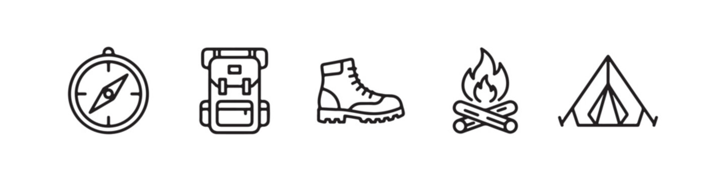 Vector icons of outdoor hiking equipment in a clean, thin line style, featuring a triangular tent, a rugged trekking boot, a campfire, a compass, and a travel backpack.