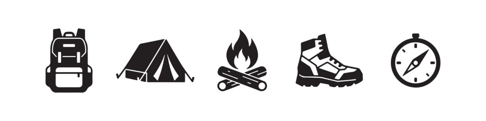 Obraz premium Vector icons of outdoor hiking gear in a minimalist style, featuring a trekking boot, campfire, rugged backpack, compass, and tourist tent