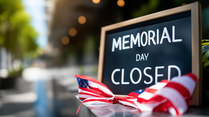 Memorial Day closure announcement with American flag decoration, business holiday signage concept, solemn reminder, with copy space