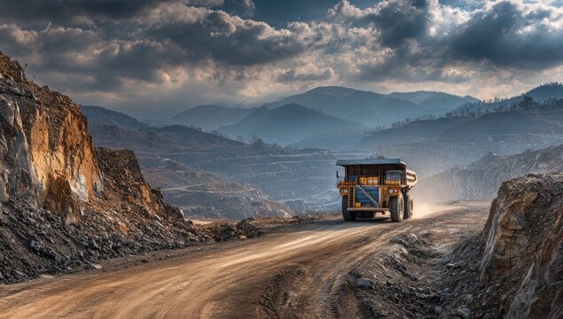 Massive Mining Truck Navigates Dusty Road in Open Pit Mine Landscape.