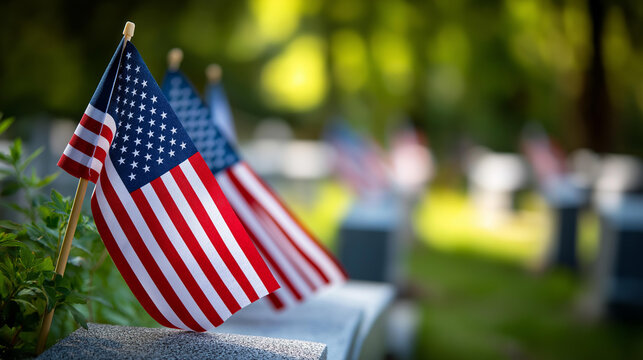 American flags placed in front of military headstones, national cemetery tribute concept, Memorial Day photography, with copy space