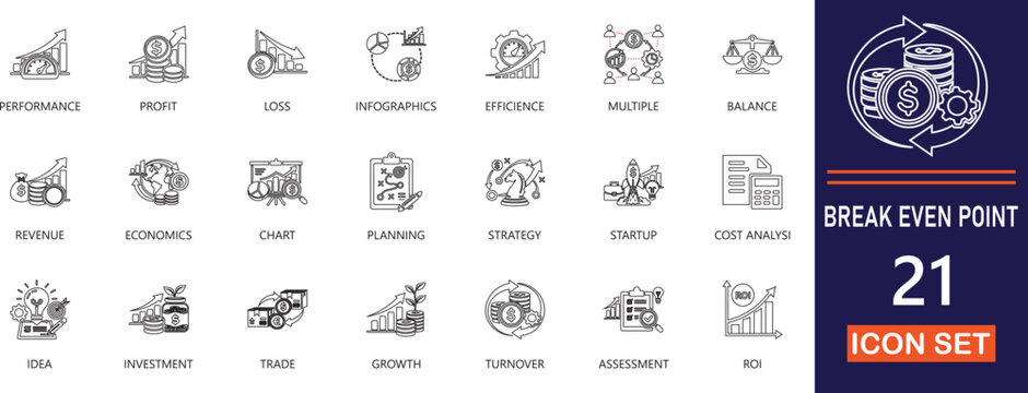 Editable line icons for break even point analysis, financial , balance, professional, revenue, and business sustainability. Ideal for ROI presentations.