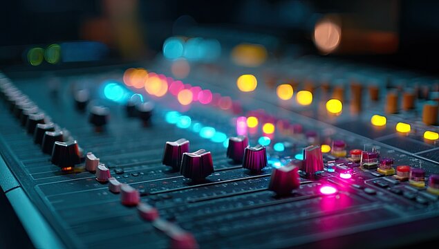 Close-up of a professional audio mixing console with illuminated faders and buttons.