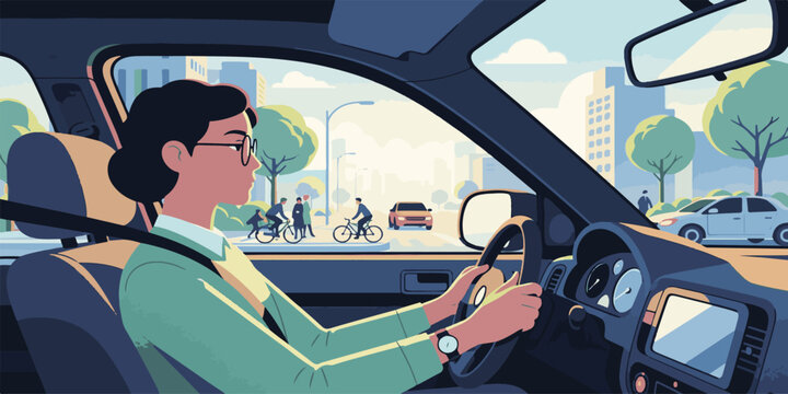 A young man and woman are sitting inside an automobile as the male driver handles the vehicle while traveling down the road