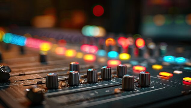 Close-up of a professional audio mixing console with illuminated faders and knobs.