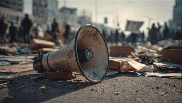 Abandoned Megaphone on Debris-Strewn Ground Amidst Distant Crowd.