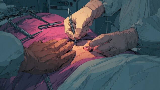 Surgeon Performing Complex Surgical Procedure with Precision Instruments.