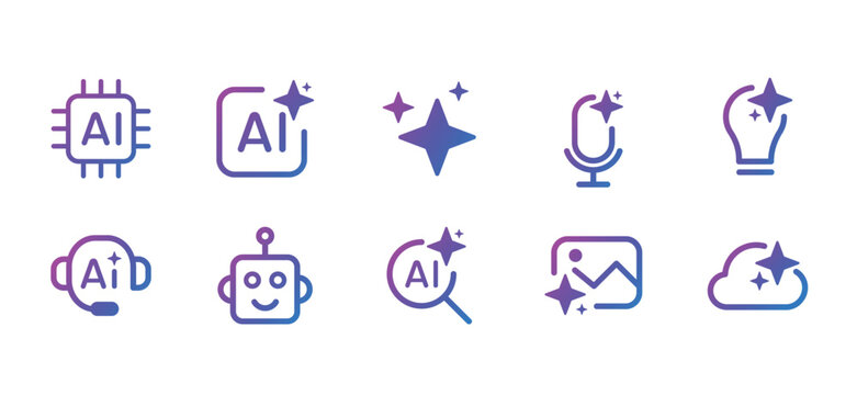 AI Content Creation Icon Set, Generative AI, Image Text Video Tools, Artificial Intelligence Line Vector Icons