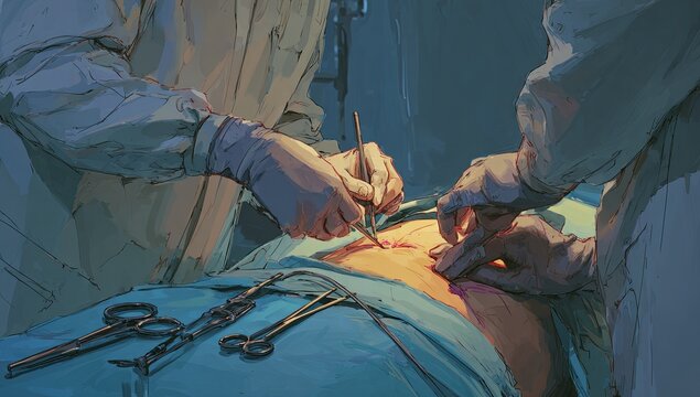 Surgeons Performing Complex Medical Operation in Operating Room.