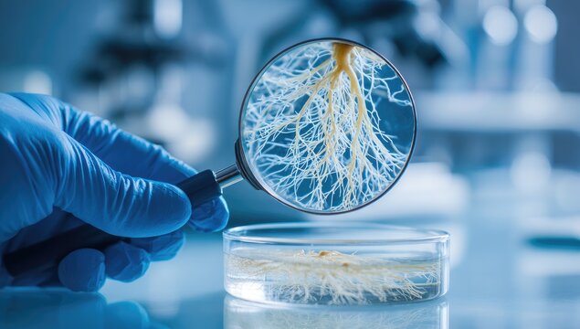 Scientist examines plant roots under a magnifying glass in a laboratory setting.
