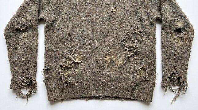 Detailed view of a heavily damaged vintage wool sweater with large moth holes and frayed ribbed cuffs isolated on a white background