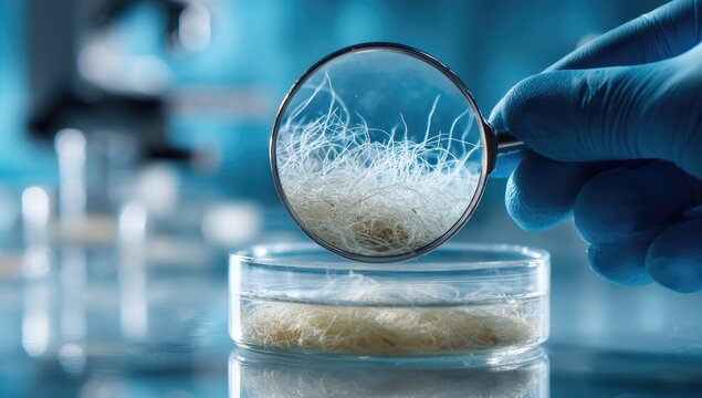 Microscopic view of fungal hyphae in a petri dish under laboratory conditions.