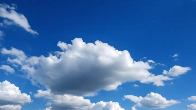 A serene blue sky with fluffy white clouds drifting lazily across the video