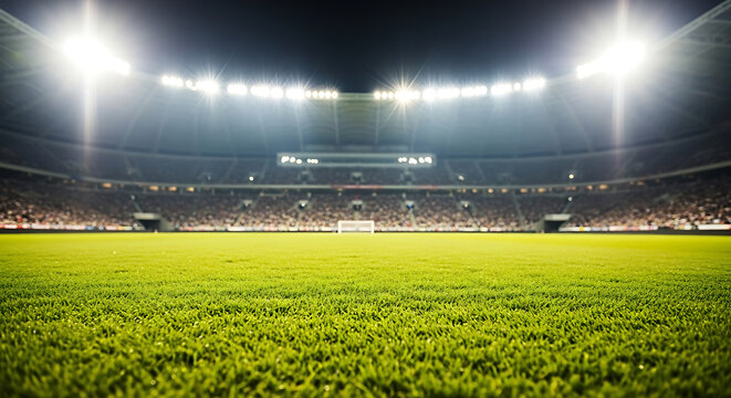 Empty professional soccer stadium at night with bright stadium lights shining onto the green grass pitch in a large outdoor sports arena with blurred background spectator stands and turf field