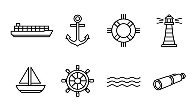 Marine and Nautical Navigation Line Icons Set Isolated on White Background, Cargo Ship, Anchor, Lifebuoy, Lighthouse, Sailboat and Steering Wheel Symbols