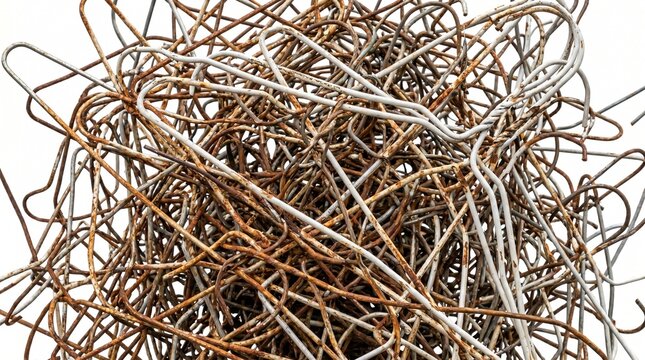 Tangled knot of heavily rusted and bent 1980s wire coat hangers with peeling white vinyl coating isolated on a white background
