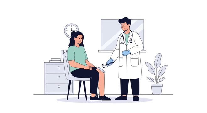 Doctor examining patient's knee reflex with reflex hammer in clinic