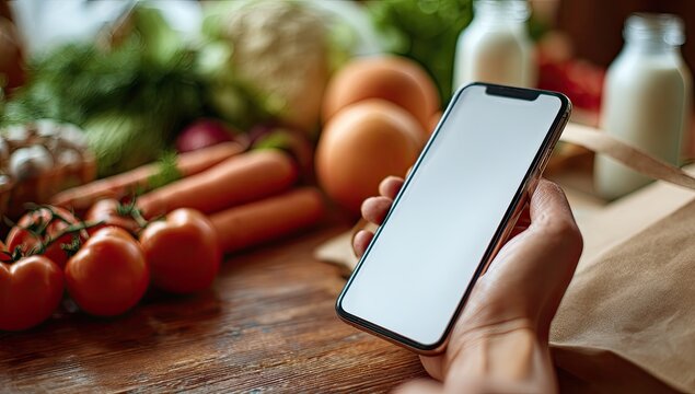 Hand Holding Smartphone with Blank Screen Amidst Fresh Produce on Wooden Table.