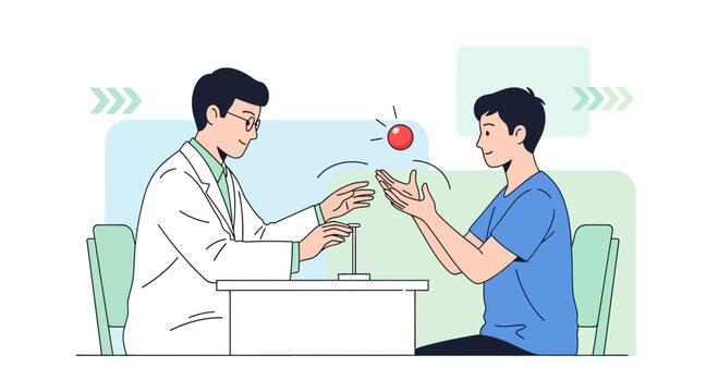Doctor examining patient's reflexes with reflex hammer and red ball