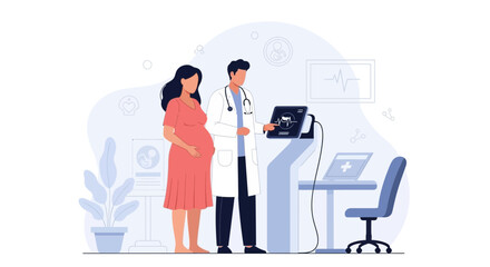 Fototapeta premium Doctor examining pregnant woman with ultrasound machine and laptop in clinic