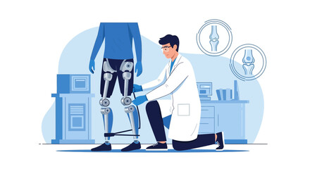 Fototapeta premium Doctor examining robotic prosthetic leg on patient, advanced medical technology