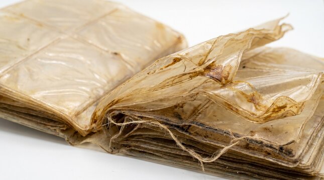 Yellowed and cracked vintage plastic trading card storage sleeves with frayed edges and dirt isolated on a white background