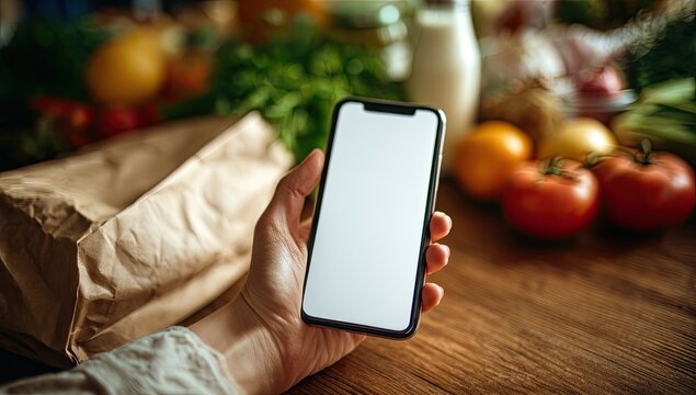 Smartphone in Hand with Grocery Bag and Fresh Produce on Wooden Table.