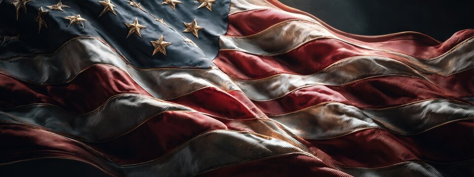 Close-up of the American Flag Waving with Dramatic Lighting and Shadows.