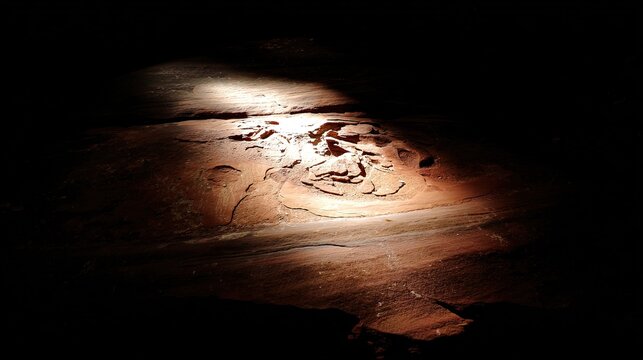 Primal Sunlight Beam Illuminating Glowing Microbial Fossils in Ancient Rock, Prehistoric Life Evidence, Geological Mystery