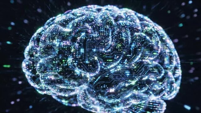 A futuristic video visualization of a human brain with vibrant neural connections and glowing blue lights speeding through space.