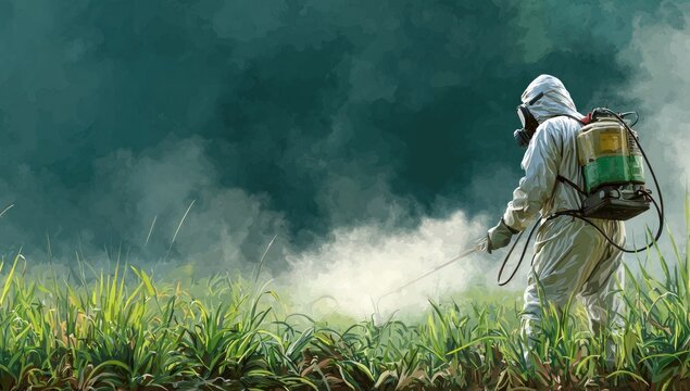 Farmer in protective suit spraying pesticides on crops in a field.