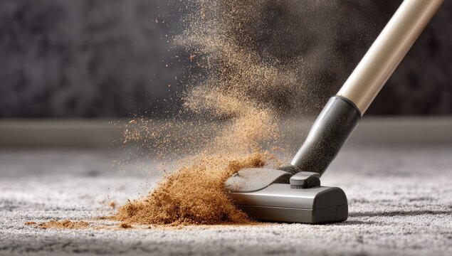 Close up of a vacuum cleaner head sucking up dirt and dust from a carpet.