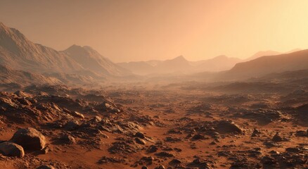 Naklejka premium Alien Planet Landscape with Rocky Terrain and Hazy Atmosphere.