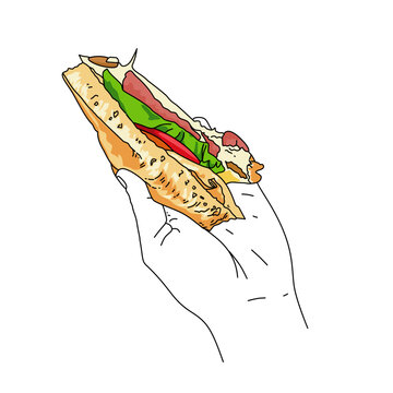 a hand holding a sandwich with meat and letuce vegetables, tomatoes, mayonaise. Sandwich for breakfast