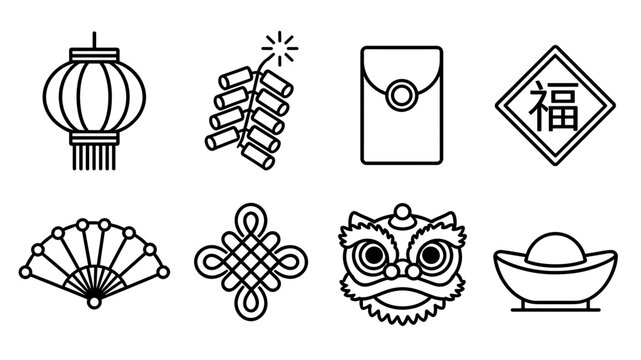 Traditional Chinese New Year Cultural Icon Set with Lantern Firecrackers Red Envelope 福 Character Fan Knot Lion Dance and Gold Ingot Vector