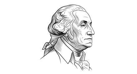 Detailed black and white illustration of George Washington profile portrait. © Kaff