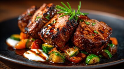 Fototapeta premium This image portrays a tantalizing dish of grilled meats garnished with fresh herbs and vibrant vegetables, showcasing flavor and artistry in culinary presentation.